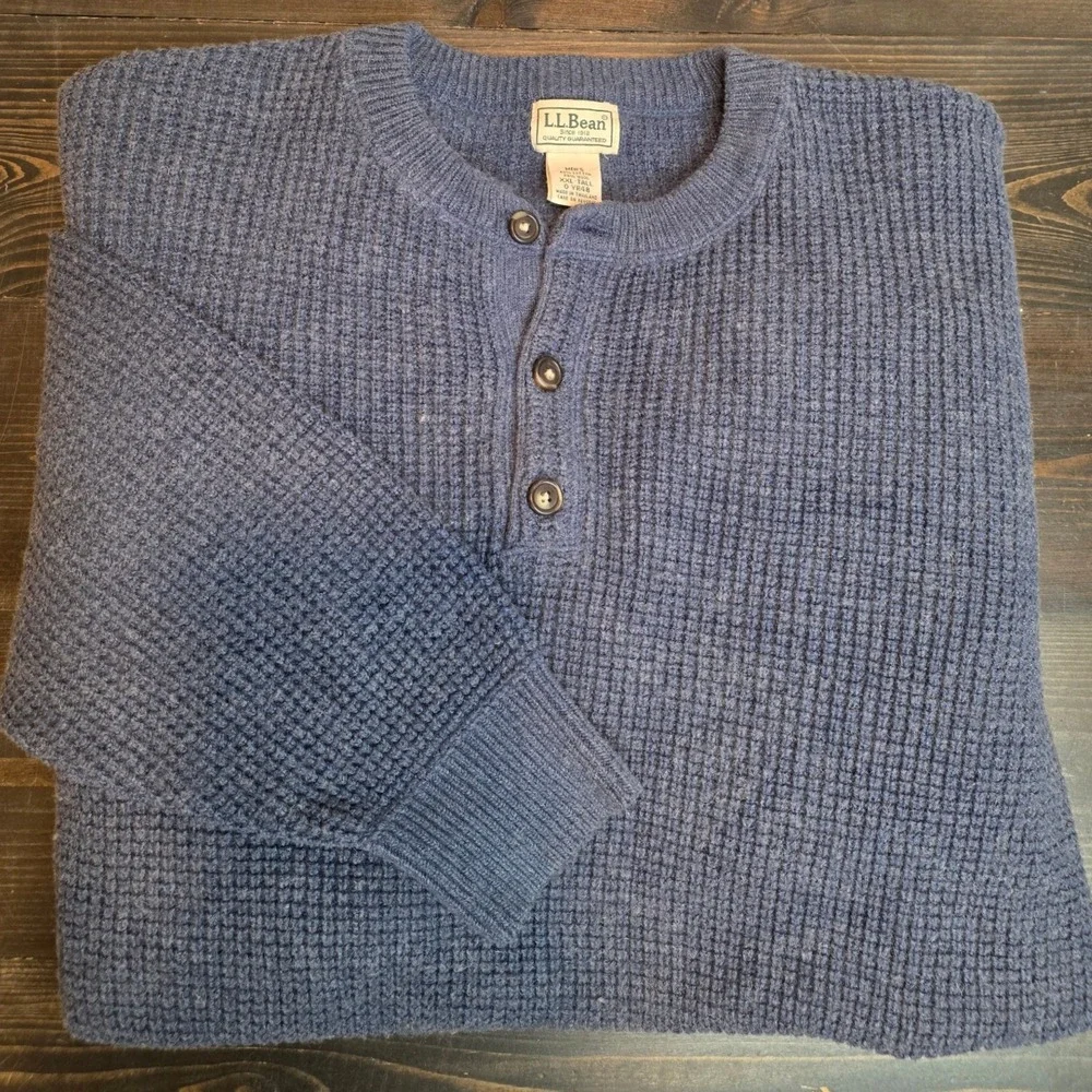 LL Bean Henley Sweater XXL Tall Pullover Chunky Blue Cotton/Wool Grandpa‎